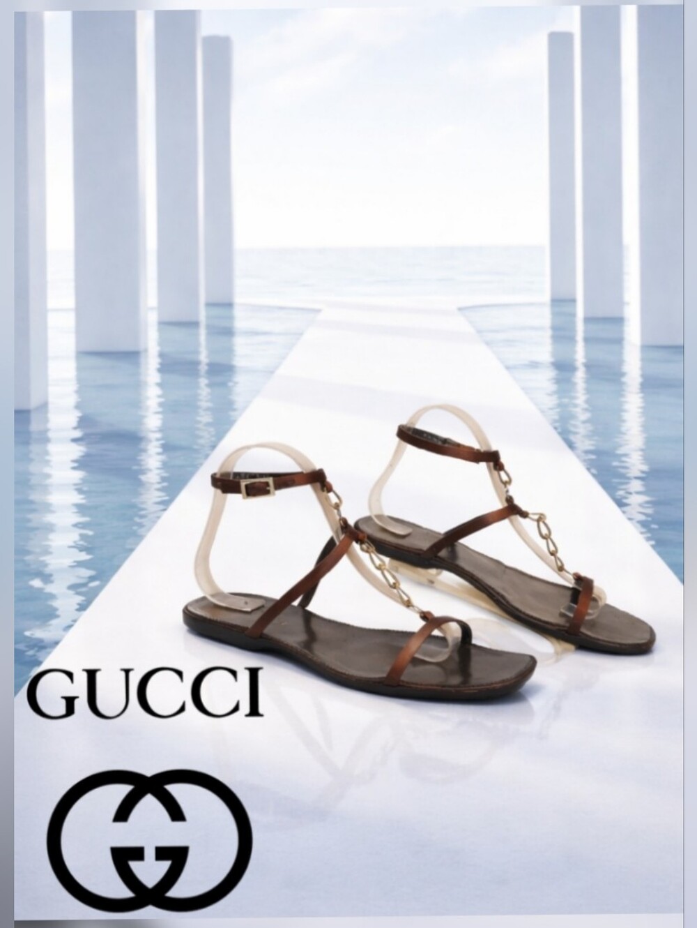 Gucci Sandals 7.5 Italy Made Brown Satin Chain Ankle Strap Shoes - Picture 2 of 14